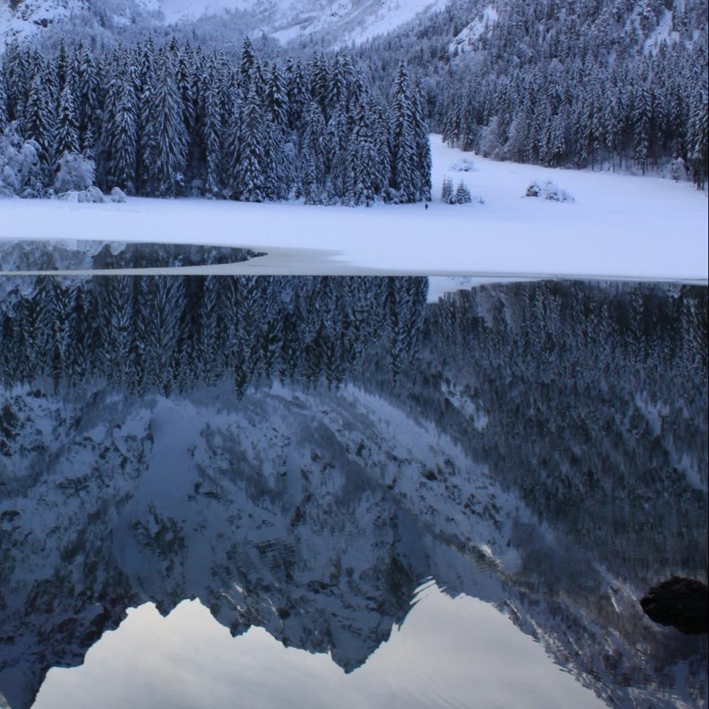 lac et montagne sous la neige